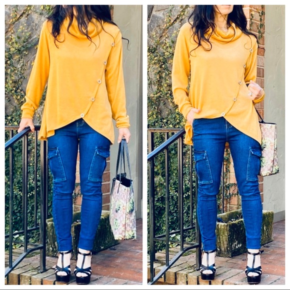ShopEvelynne Tops - Mustard chic side button trim cowl neck knit tunic